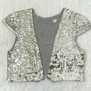 Acrobat Women's Large Cropped Bolo Sequined Sweater Vest Cap Sleeves Silver Gray